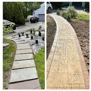 Side-by-side images of a stone pathway before and after installation of a stamped concrete walkway.