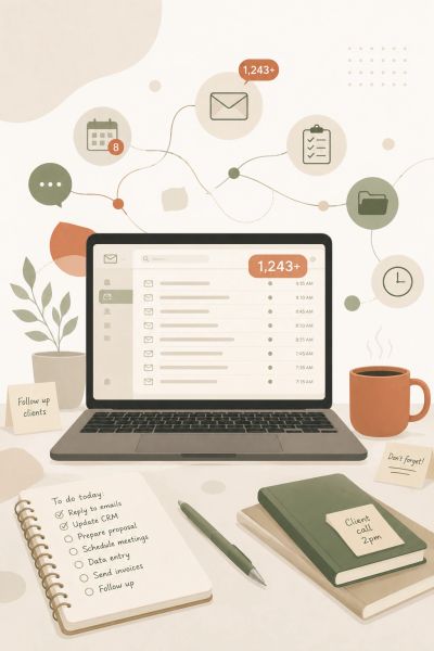 Laptop displaying an overflowing inbox and busy workload, surrounded by task management and producti