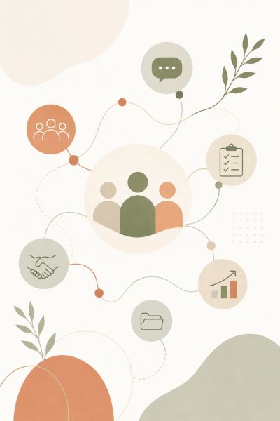 Abstract illustration of connected shapes and icons representing collaboration, organisation and bus
