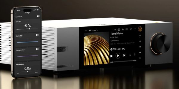 Modern audio equipment with mobile app control.