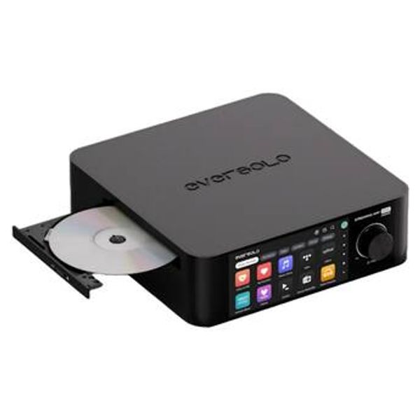 Compact black media player with CD drive and touchscreen interface.
