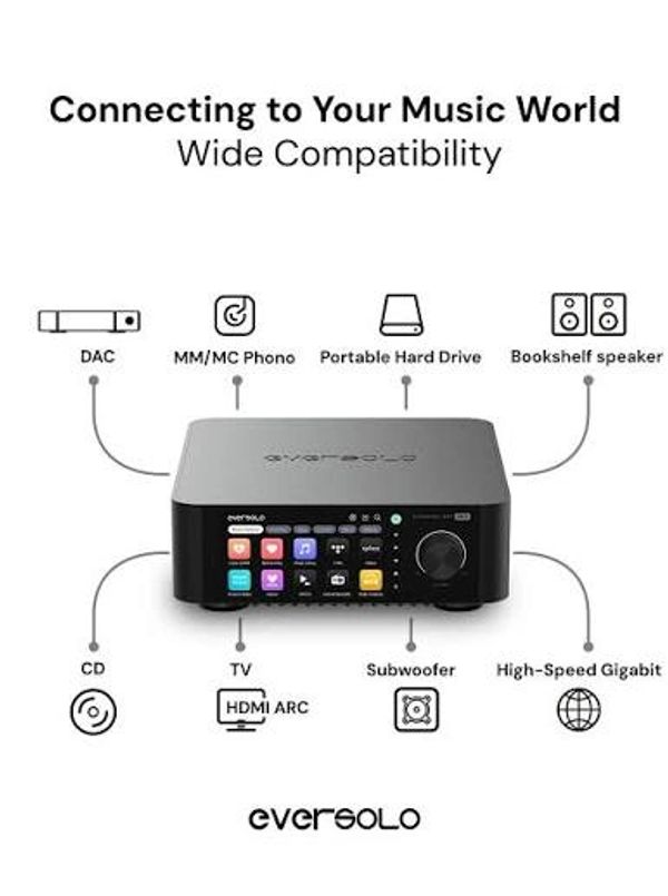 Eversolo device connects to various music sources and speakers.