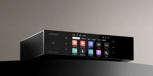 Sleek black media player with touchscreen and app icons.