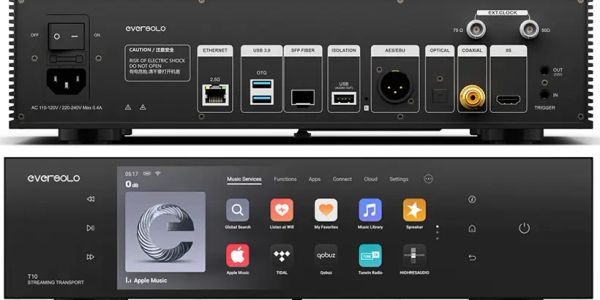 Front and rear views of an everoolo T10 streaming transport device.