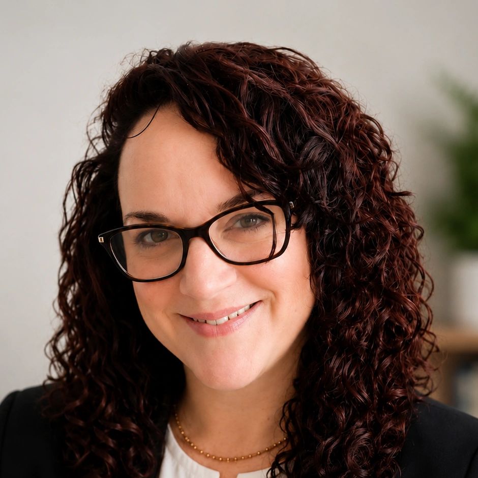 Smiling woman with curly hair and glasses.