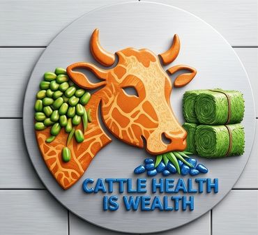 Illustration of a cow with greenery and hay, captioned 'Cattle Health is Wealth'.