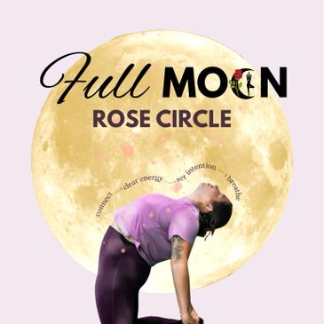 Woman practices yoga with a full moon backdrop and wellness words.