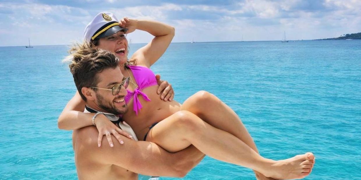 Man lifting woman in pink bikini on boat with clear blue ocean background.