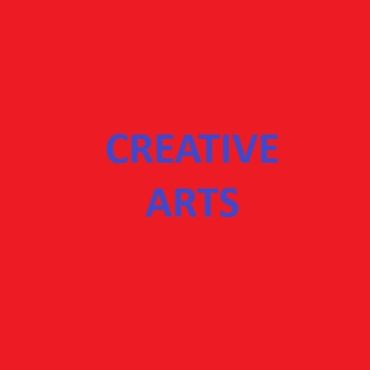 Blue text 'CREATIVE ARTS' on a solid red background.