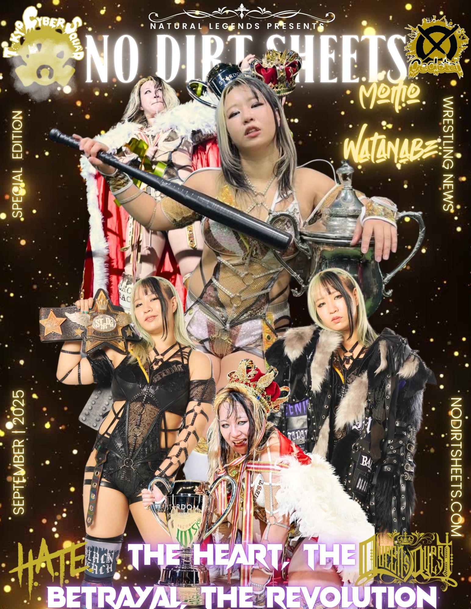 Momo Watanabe featured on No Dirt Sheets wrestling cover, showcasing her fierce persona with trophies and dramatic outfits.
