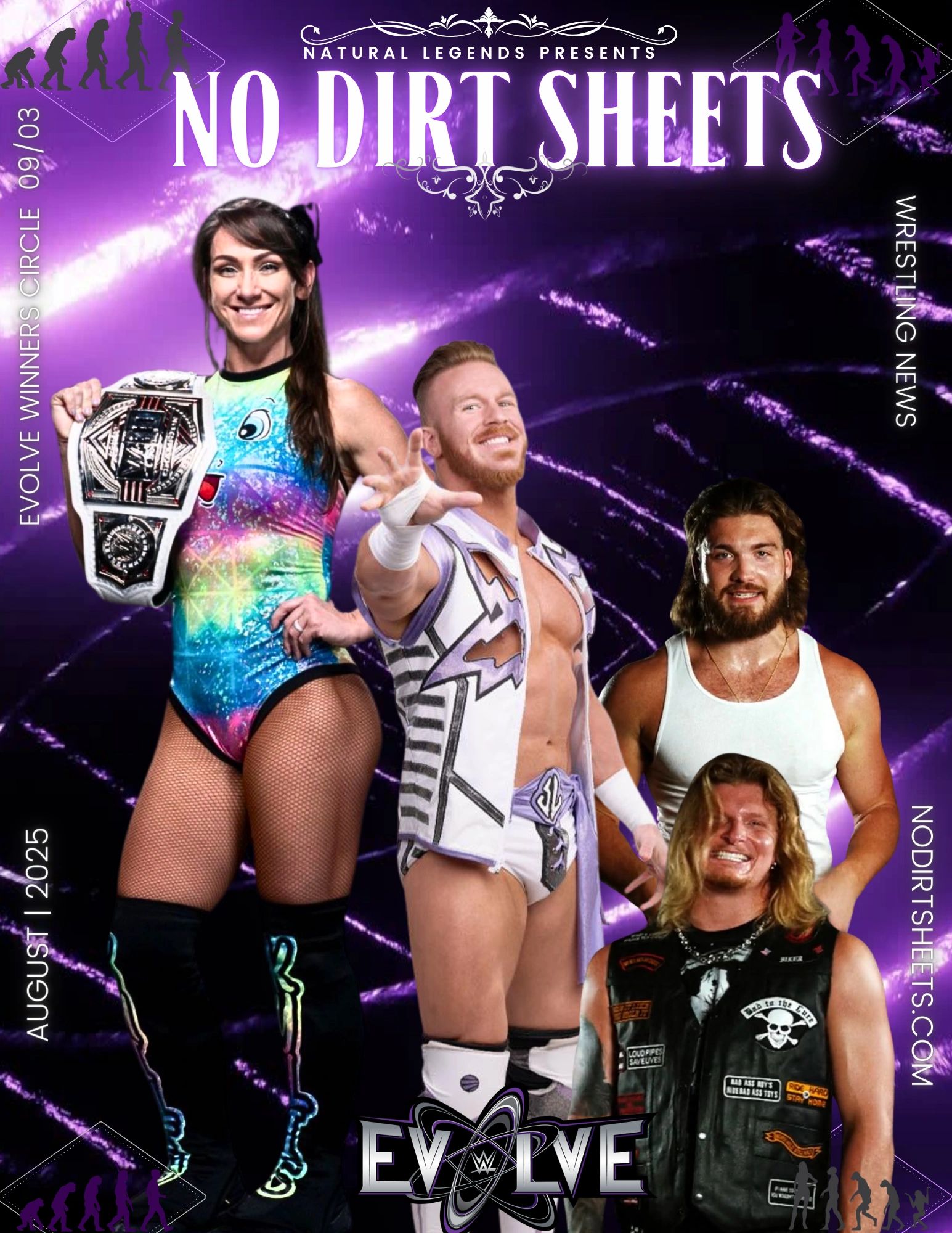 Wrestling champions featured in No Dirt Sheets magazine's August 2025 issue.