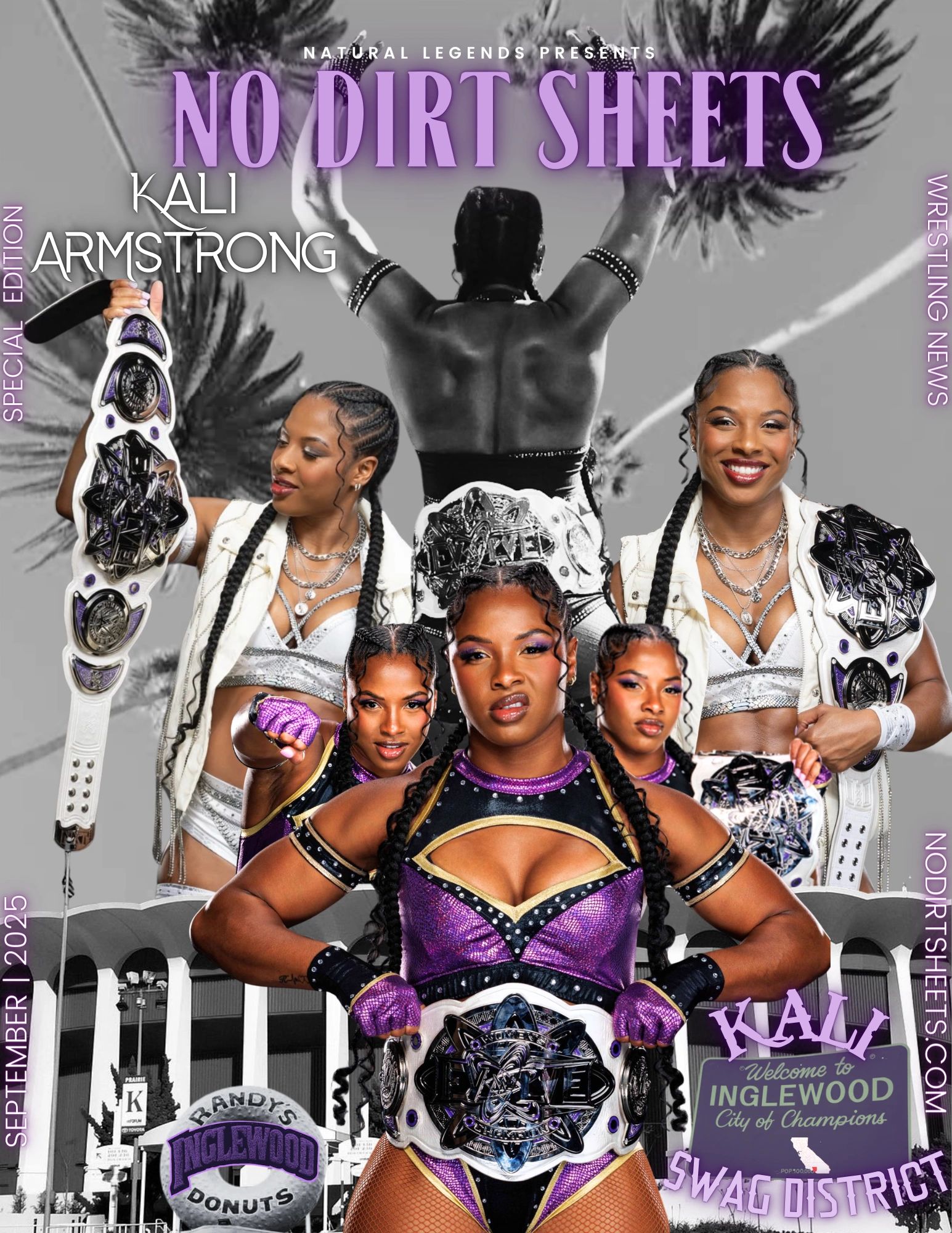 Kali Armstrong, wrestling champion, showcased with multiple images and championship belts on a special edition cover.