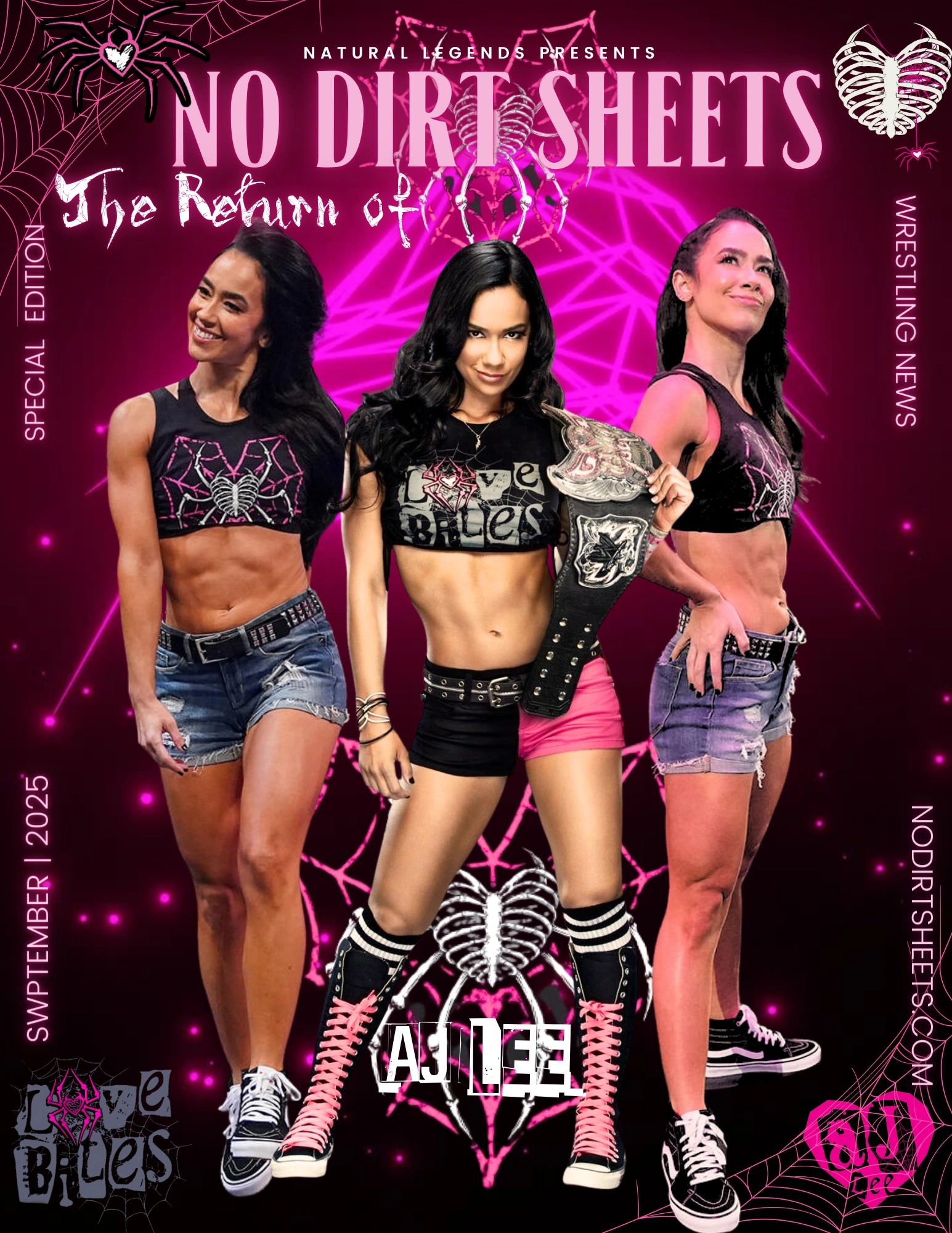 Wrestler AJ Lee featured in a vibrant No Dirt Sheets magazine cover with pink and black spider web themes.