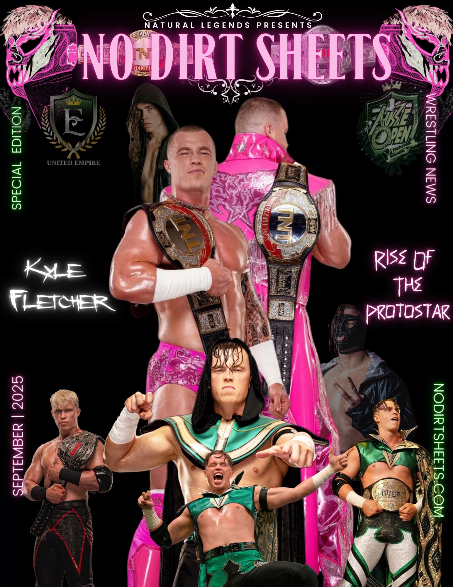 Wrestling champions Kyle Fletcher and Rise of the Protostar featured on No Dirt Sheets magazine cover, September 2025 edition.