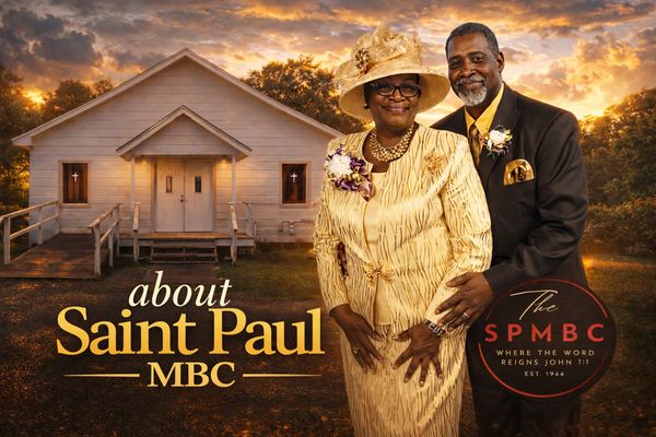 A couple standing in front of Saint Paul MBC church at sunset.