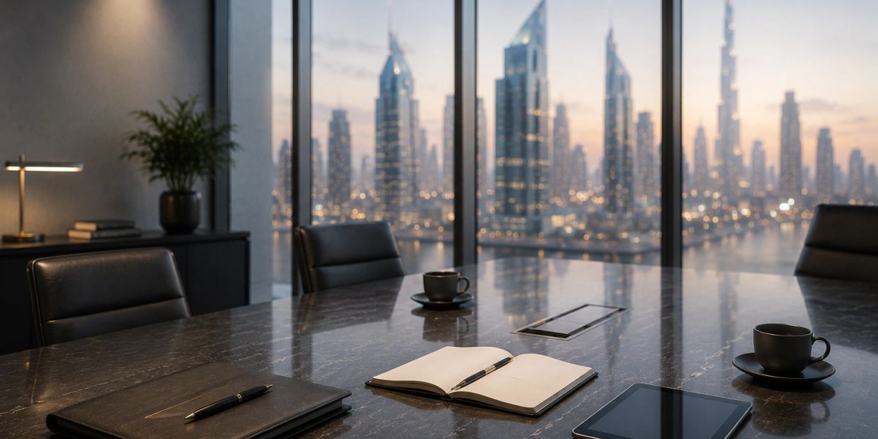 Modern office meeting room with city skyline view.