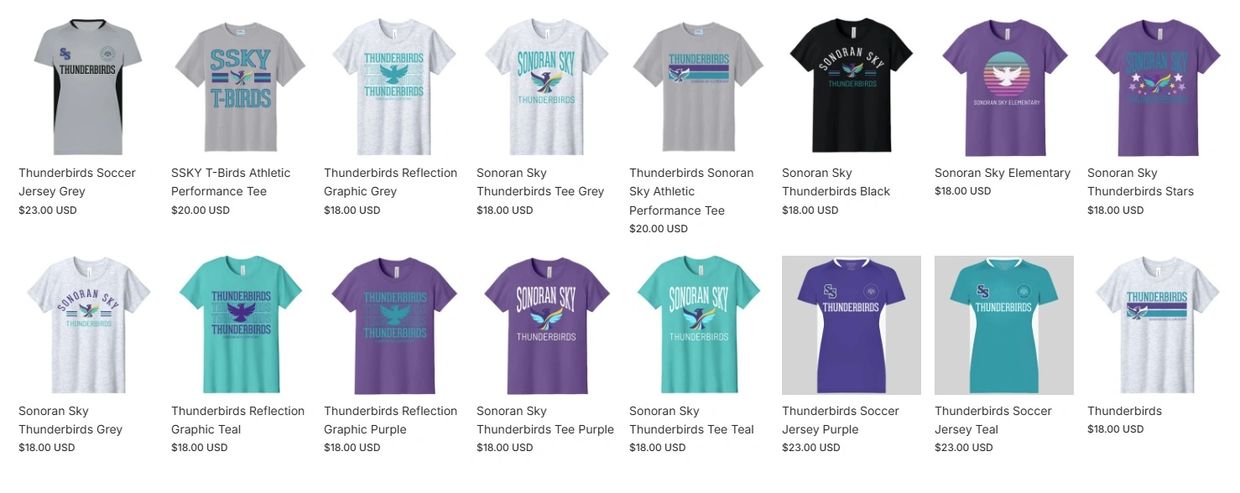 Various Thunderbird-themed T-shirts in grey, teal, black, and purple.