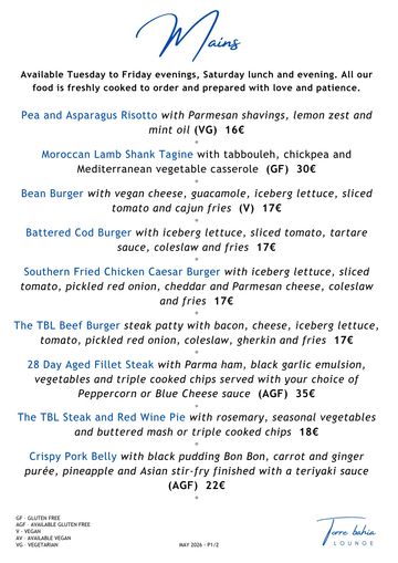 Mains menu. Served Tuesday to Friday evenings and all day Saturday.