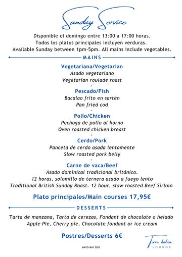 Sunday Service menu. Served on Sundays only!