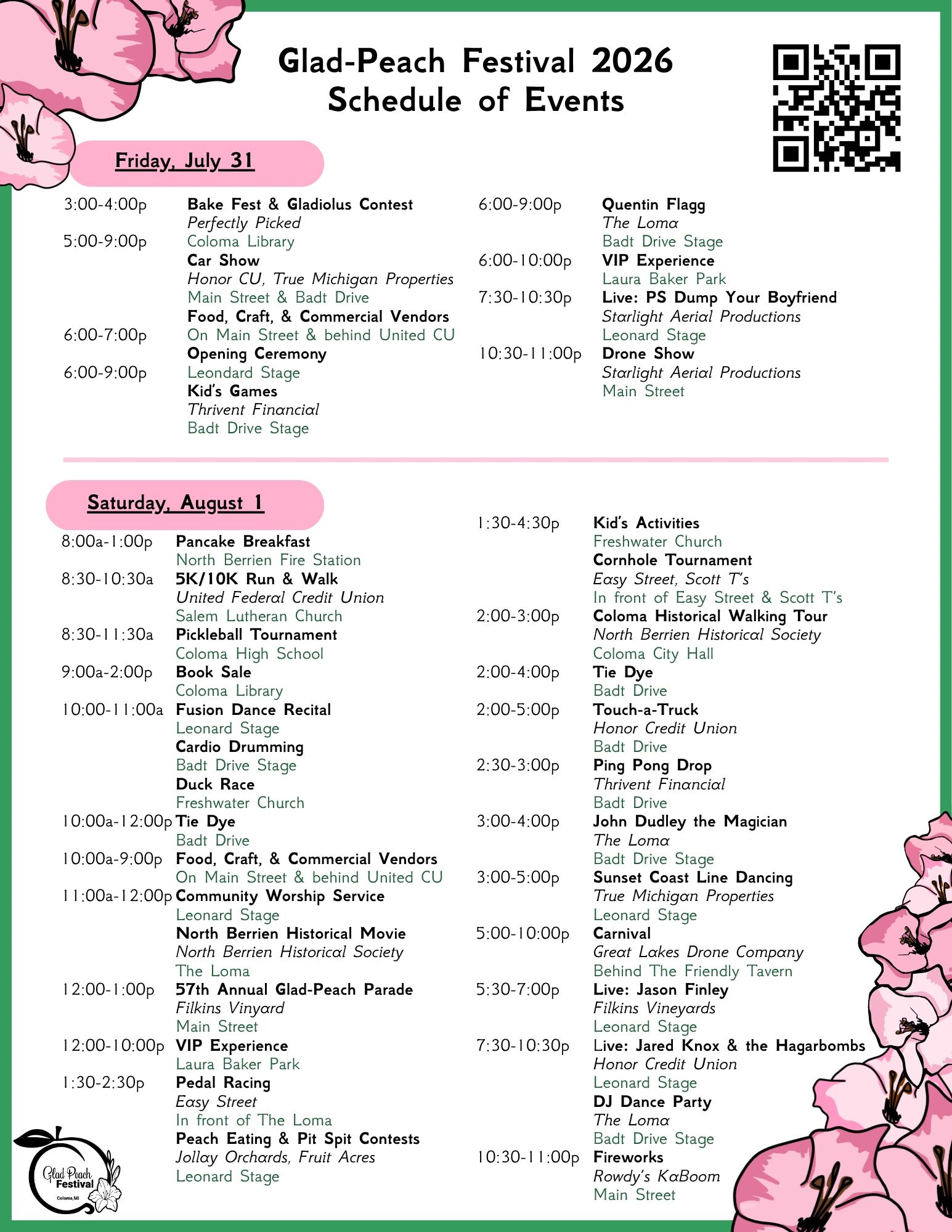 Glad-Peach Festival 2026 schedule for July 31 and August 1 events.