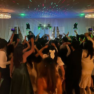 Wedding reception dance floor packed with guests