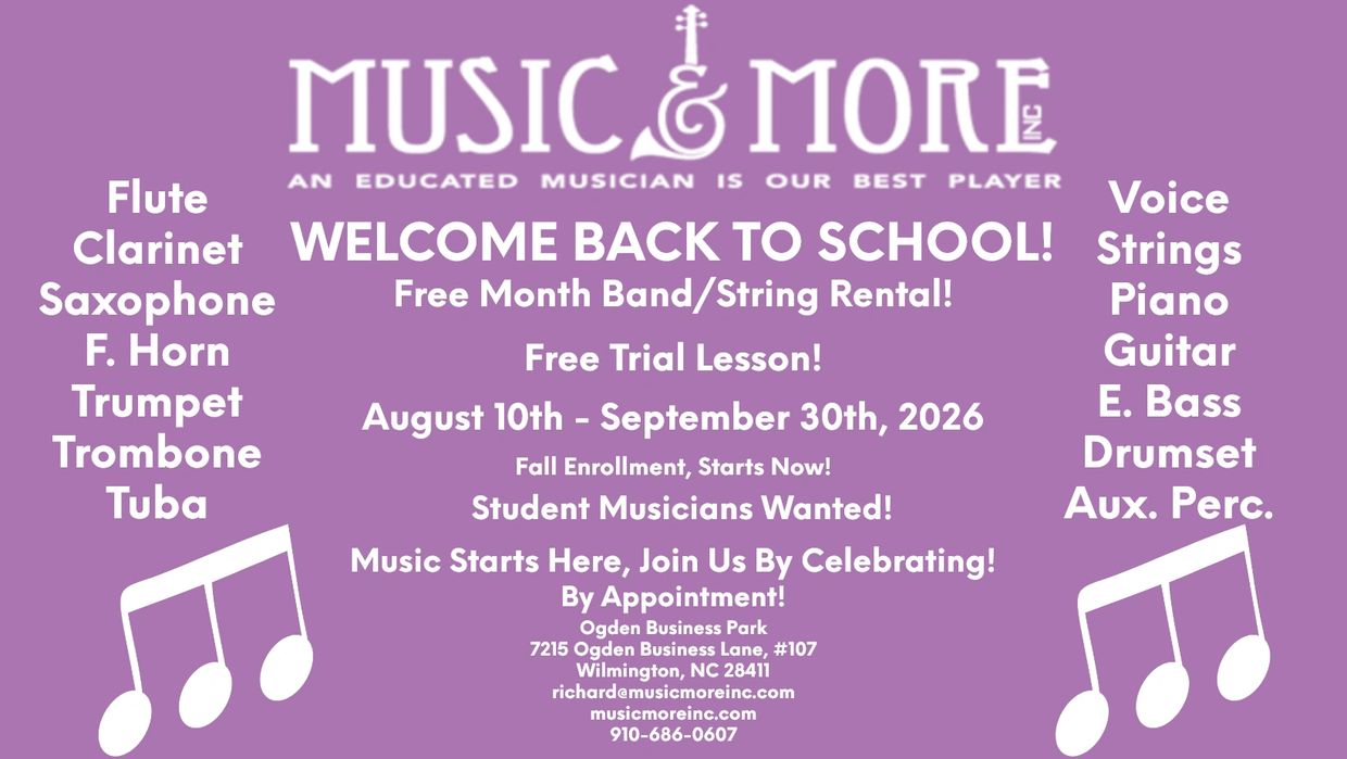 Music & More back to school band and string rental event with free trial lessons.