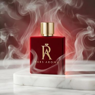 Elegant red and gold perfume bottle with swirling smoke on marble surface.