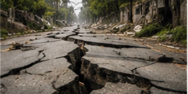 Cracked and damaged road after an earthquake.