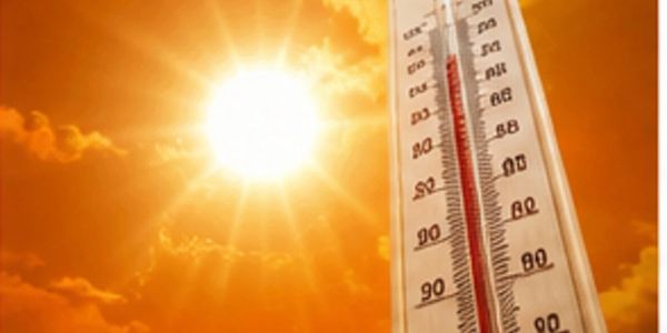 Bright sun with a thermometer showing high temperature.