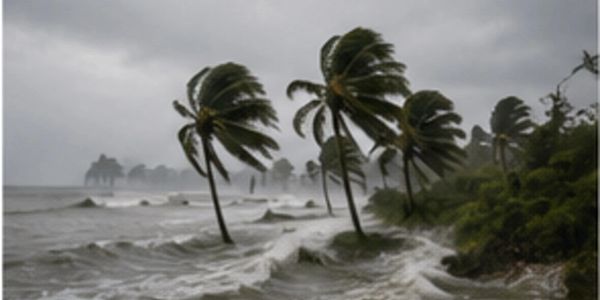 Strong winds blow palm trees during a stormy sea.