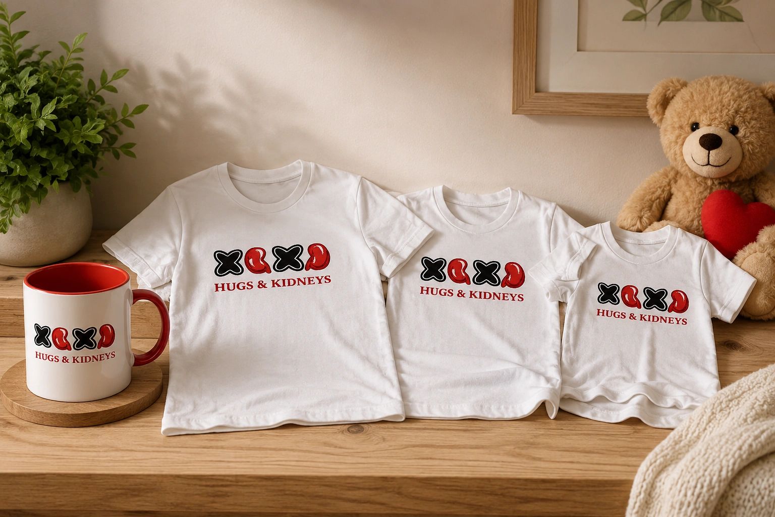 Example of Hugs & Kidneys merchandise available at The Hug Shop.