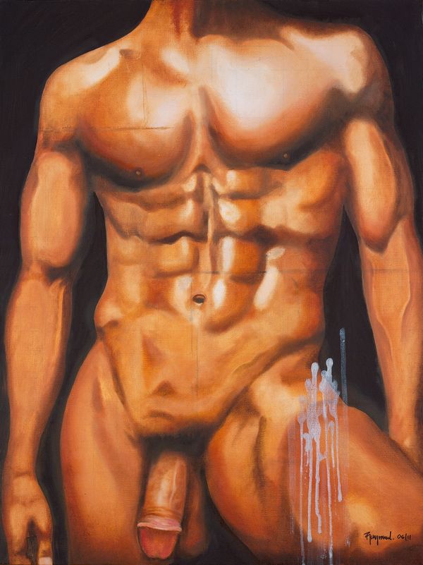A detailed painting of a muscular male torso with visible anatomy and shading.