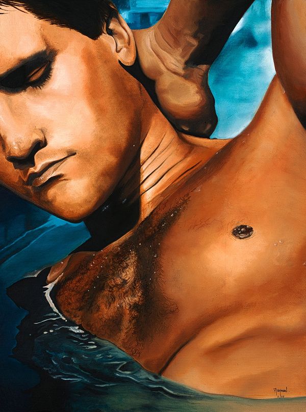 A close-up painting of a man's face and torso emerging from water.