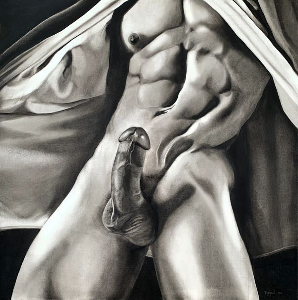 Black and white artistic painting of a muscular male torso and genitalia.