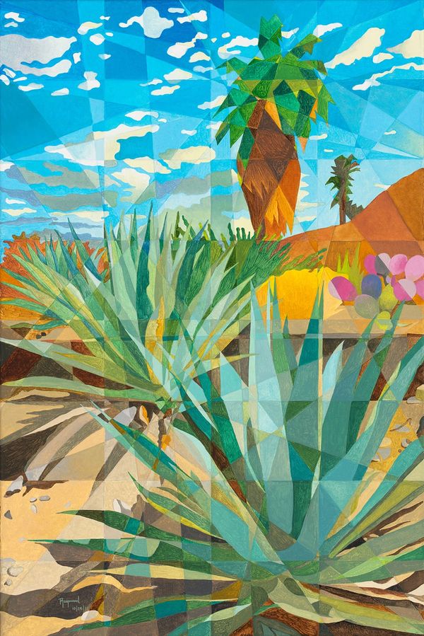 Aloe plants and a Palm Tree in Cathedral City, California. Painting in oil by Raymundo Valdez.