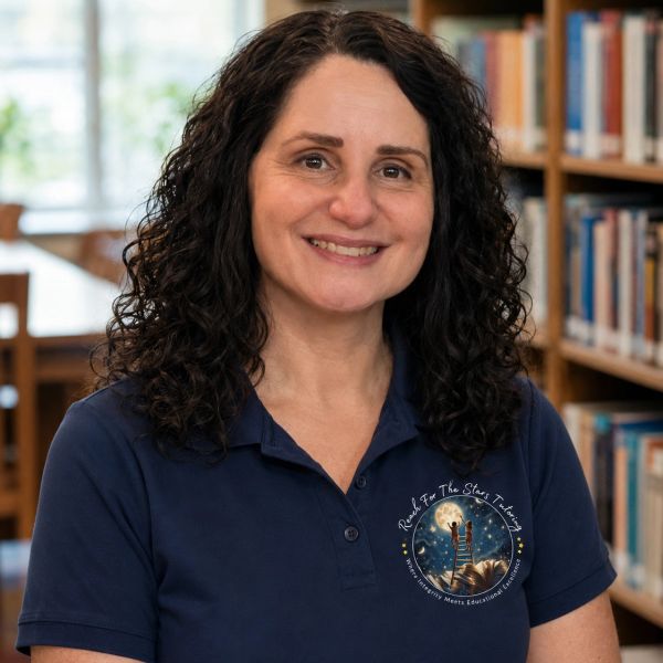 Smiling woman with curly hair in a library wearing a navy blue polo.