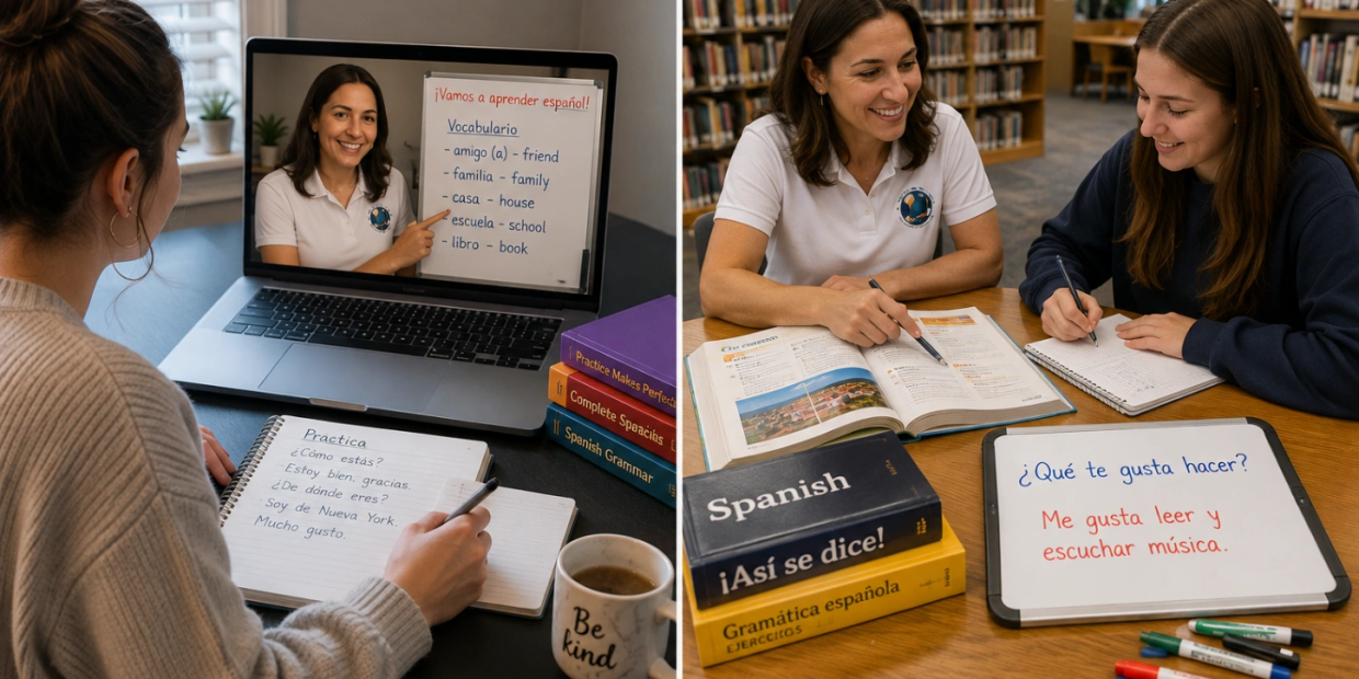 Two women learn and practice Spanish through online and in-person sessions with books and notes.