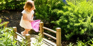 Little girl with butterfly net on a garden bridge.