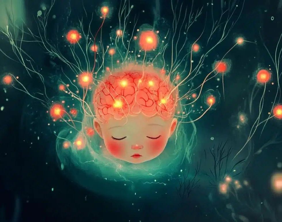 A child's head with glowing brain activity and neural connections in a dark abstract space.