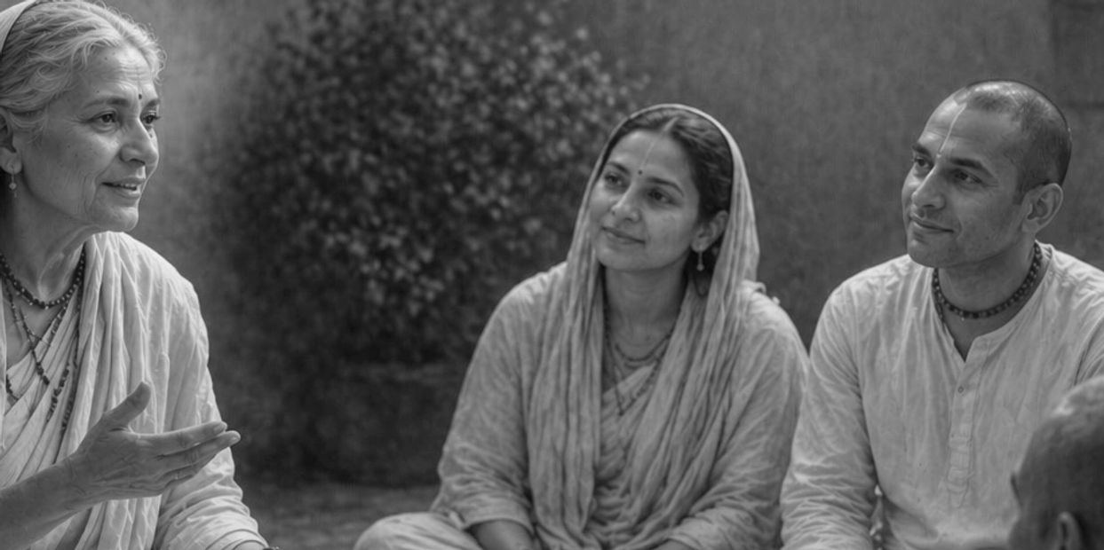 Three people in traditional attire engaged in a calm conversation.