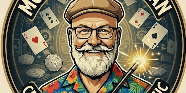 Illustration of a smiling elderly man with a beard and glasses holding a magic wand.