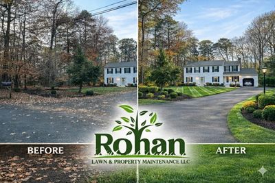 Before and after professional fall leaf removal and yard cleanup service in North Ridgeville, OH.