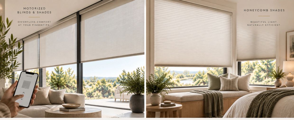 Motorized blinds on left, honeycomb shades on right in modern rooms.