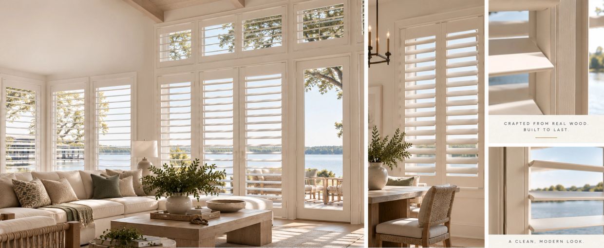 Bright living room with white wooden shutters overlooking a lake.