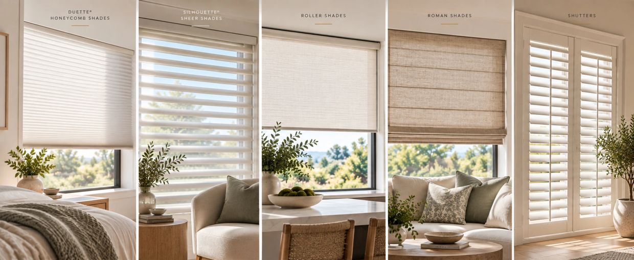 Five types of window treatments displayed in a bright living space.