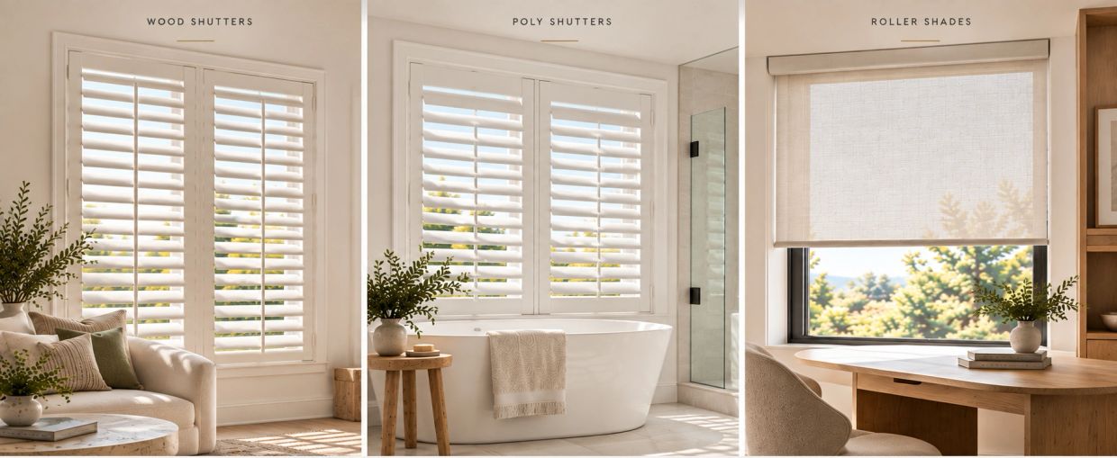 Different window treatments: wood shutters, poly shutters, and roller shades.