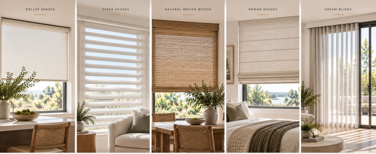 Various window shades and blinds in a cozy home setting.