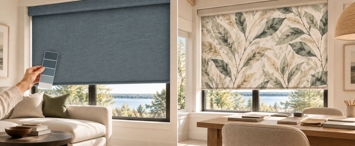 Two living spaces showcasing different window blinds.
