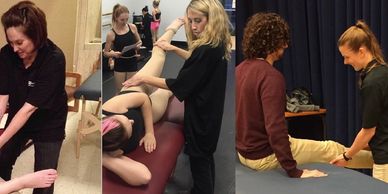 Physical therapists assisting patients with leg exercises in clinical and studio settings.