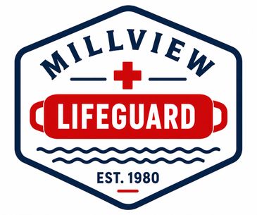 Millview lifeguard logo with red cross and flotation device.